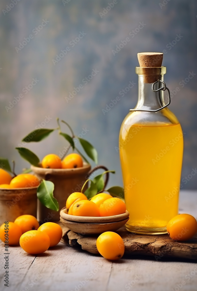 Kumquat liqueur with kumquat on light background. Greek kumquat tincture. Generative AI