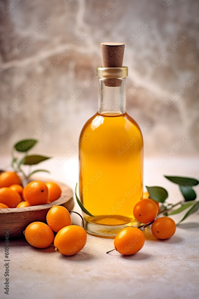 Kumquat liqueur with kumquat on light background. Greek kumquat tincture. Generative AI Kumquat liqueur with kumquat on light background. Greek kumquat tincture. Generative AI
