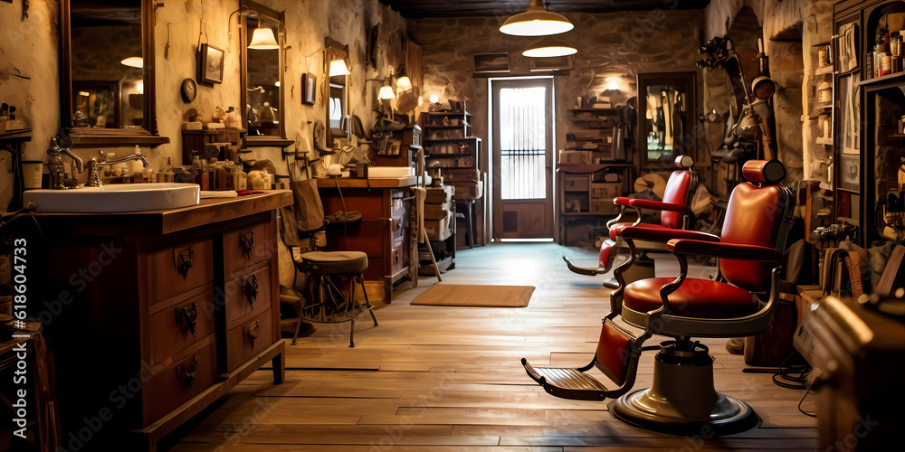 A barber shop with a vintage aesthetic showcasing the history and tradition of the shop.