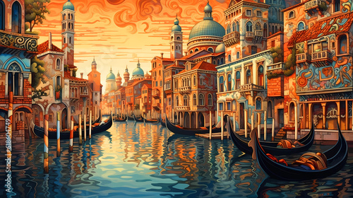 Illustration of the beautiful city of Venice. City of gondoliers, bridges, carnivals and love. Italy