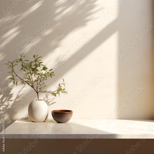 Soft Plant Shadows cast on a White Wall with a plant on a shelf  Minimalist product presentation  mockup