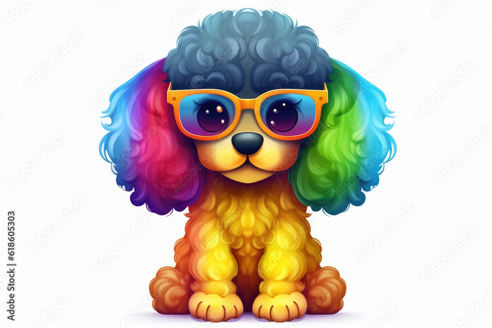 Colorful rainbow poodle wearing glasses isolated on a white background