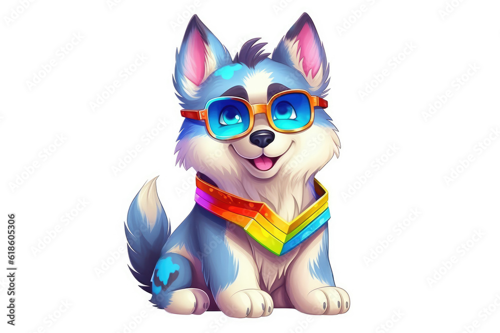 Colorful Siberian Husky wearing glasses isolated on a white background