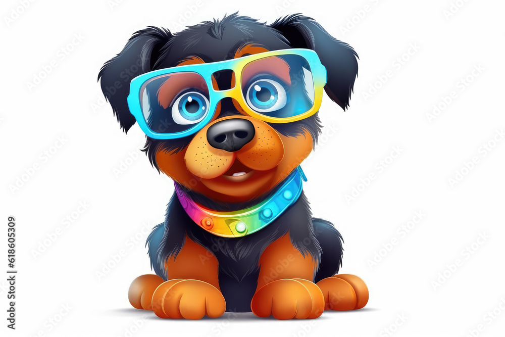 Colorful rottweiler wearing glasses isolated on a white background