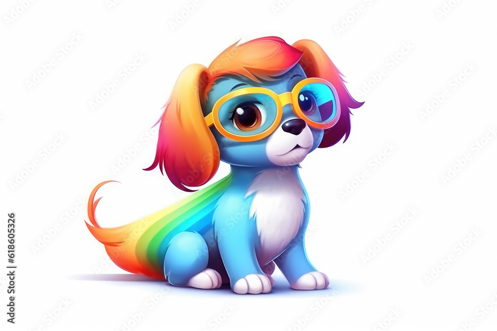 Cute colorful rainbow dog wearing glasses isolated on a white background
