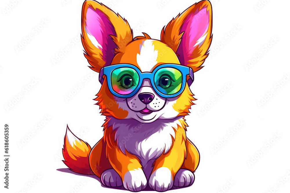 Colorful Welsh Corgi wearing glasses isolated on a white background