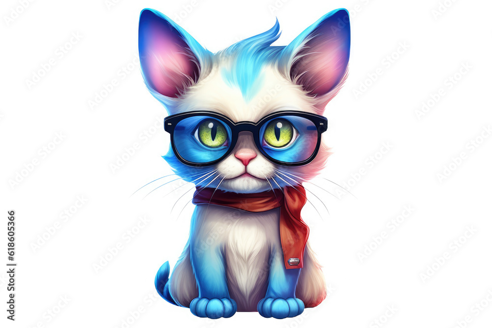 Colorful Kitty cat wearing glasses isolated on a white background
