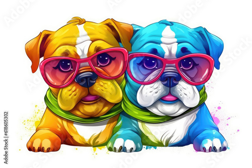 Rainbow bulldog pair wearing glasses isolated on a white background