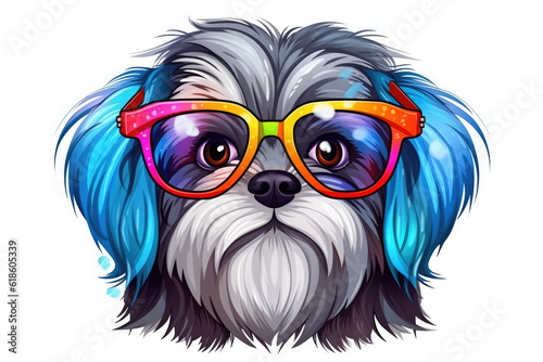 Colorful Shih tzu dog wearing glasses isolated on a white background © gridspot