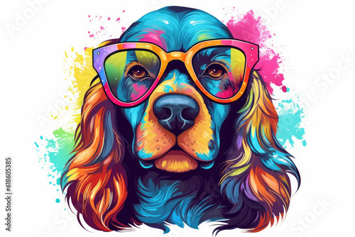 Colorful Cocker spaniel wearing glasses isolated on a white background