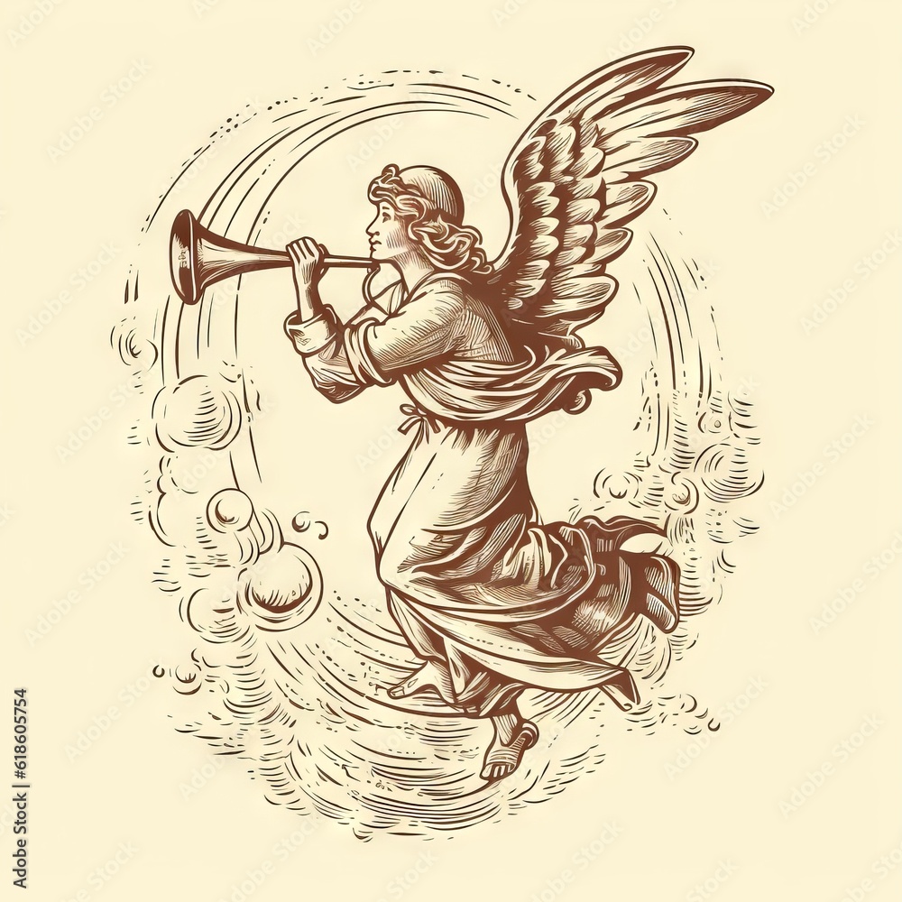 Christmas Angel flying and trumpet on pipe. Religious holiday. Hand drawn vector illustration in vintage  