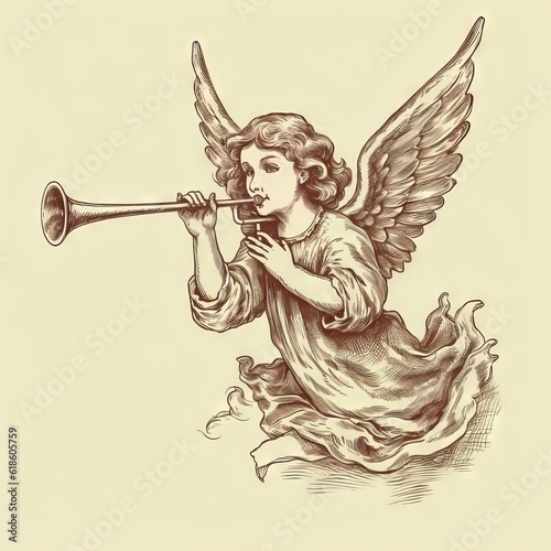 Christmas Angel flying and trumpet on pipe. Religious holiday. Hand drawn vector illustration in vintage "ai genarated "