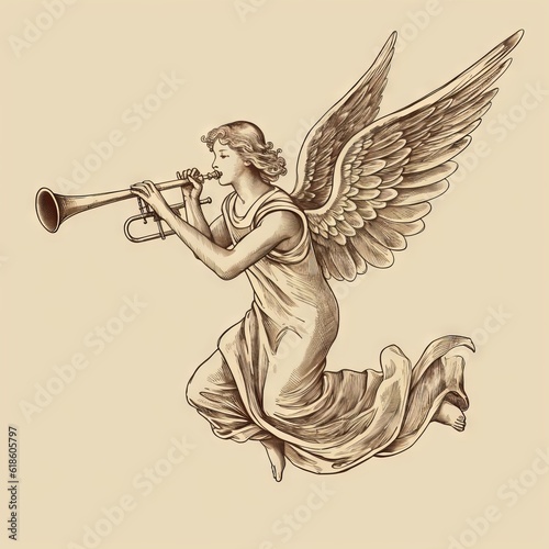 Christmas Angel flying and trumpet on pipe. Religious holiday. Hand drawn vector illustration in vintage   ai genarated  