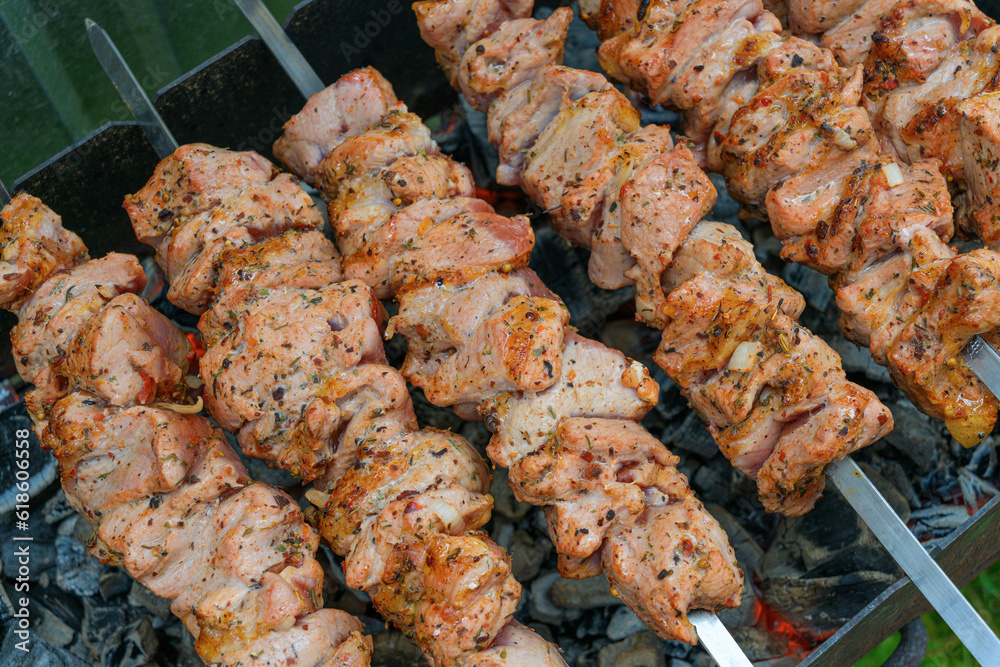 Pork skewers, roasted on skewers on the grill. Shashlik meat shish kebab on the grill. traditional outdoor barbecue picnic. Pork skewers, roasted on skewers on the grill. Shashlik meat shish kebab on the grill. traditional outdoor barbecue picnic.