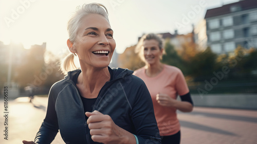 healthy Couples they\'re 50 year old, healthy women smiling in a Sport wear, headset, Smartwatch. fast and hard running outside on sunny day. full-body photo generativeAI