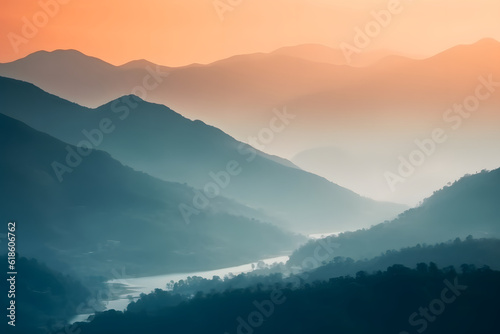 Amazing nature scenery  mountains under morning mist - AI generated