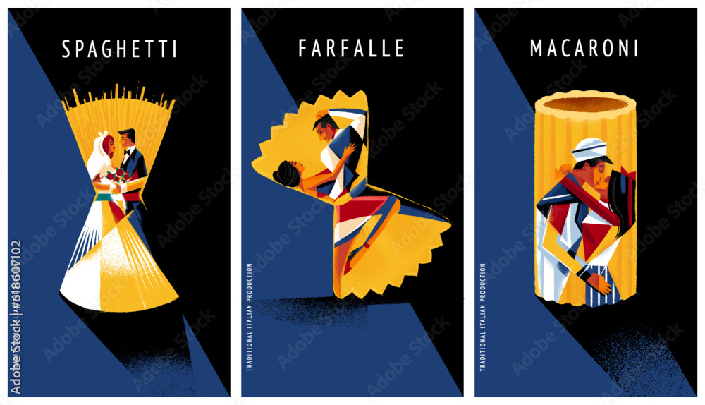retro illustrations for spaghetti macaroni farfalle pasta with engaged and married couples