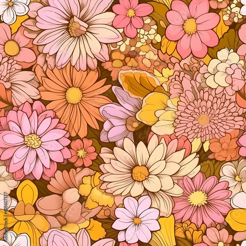 Colorful Large Scale Hand-Drawn Floral Vector Seamless Pattern. Retro 70s Style Nostalgic Fashion Textile Bold Background. Summer Resort Print. Daisies. Flower Power