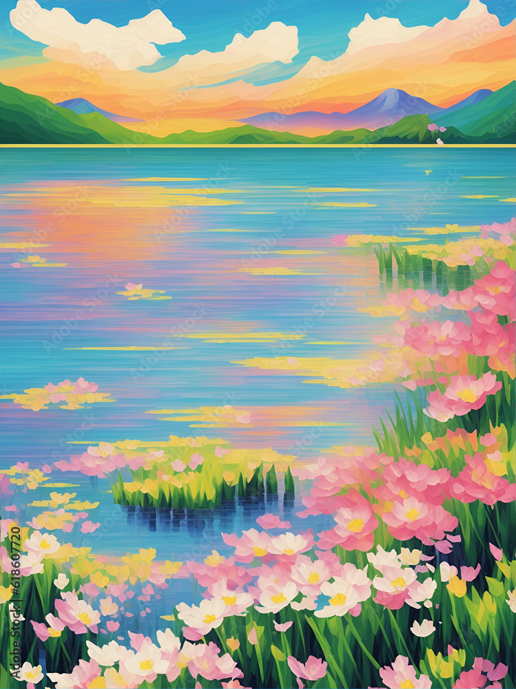 Highland lake landscape. AI generated illustration