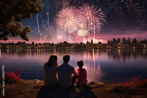 Family watching fireworks on the 4th of July. - American holiday - Independence Day - New Years