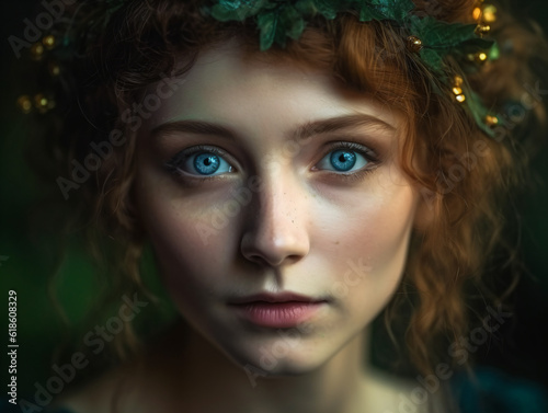 A redhead woman with blue eyes and a wreath on her head Generative Ai