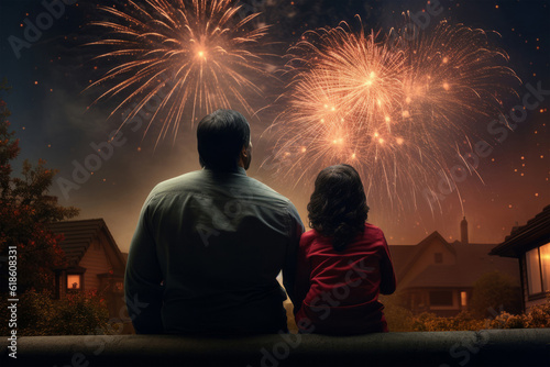 Father and daughter watching fireworks on the 4th of July. - American holiday - Independence Day - New Years