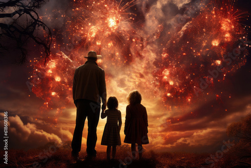 cowboy Family watching fireworks on the 4th of July. - American holiday - Independence Day - New Years