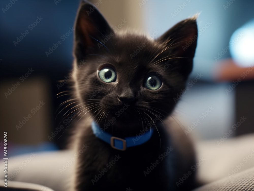 An adorable black kitten with a blue collar looking at the camera Generative Ai An adorable black kitten with a blue collar looking at the camera Generative Ai