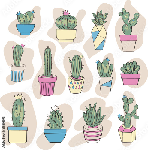 Icon set of indoor cacti in different vases and flowerpots with green, pink, blue and yellow color for covers, posters, icons, designations, illustrations