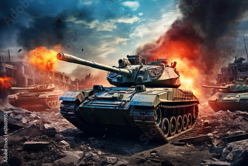 Tank in a war combat