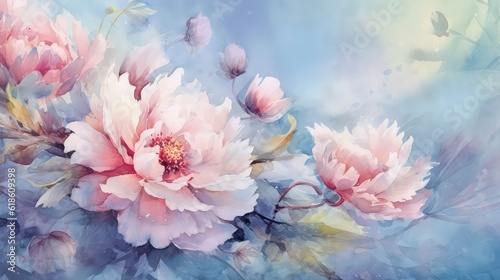 Beautiful peonies watercolor background, Seamless pattern with large watercolor flowers by peonies.