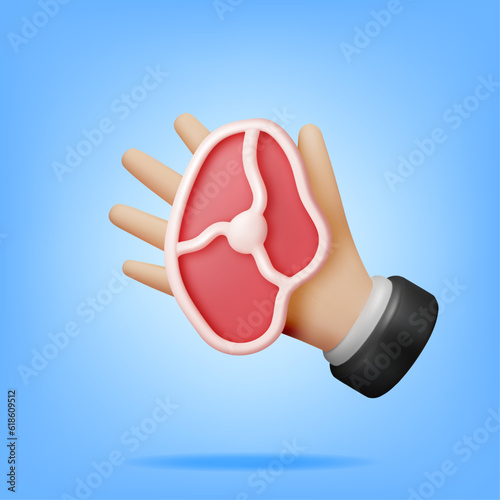 3D Meat Steak in Hand Isolated. Render Beef Tenderloin. Pork Knuckle. Slice of Steak, Fresh Raw Meat. Uncooked Pork Chop or Beef or Lamb for Barbeque and Cooking. Vector Illustration