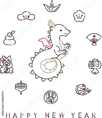 2024年年賀状素材　縦　線画アイコン　黒赤金3色　Happy New Year