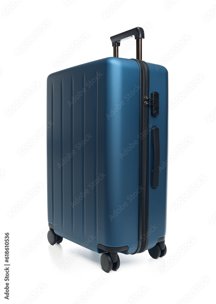 Large polycarbonate suitcase isolated on white background. Travel suitcase isolated on white background. Large polycarbonate suitcase isolated on white background. Travel suitcase isolated on white background.