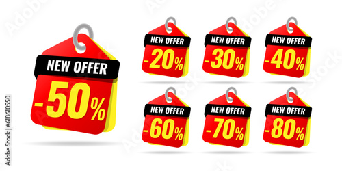 New offer label pop-up banner yellow stickers with different sale percentage. 20, 30, 40, 50, 60, 70, 80 percent off price reduction badge promotion design emblem set vector illustration.
