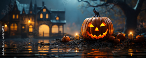 halloween pumpkin with fog and scare haunted house in the background, horror concept with copy space for product placement