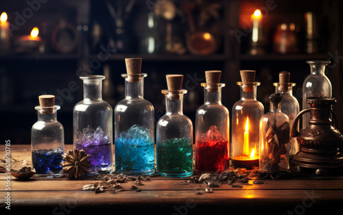 Fototapeta magic potions in bottles on wooden background