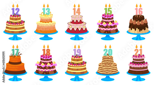 Birthday cakes in cartoon style with candles numbers photo