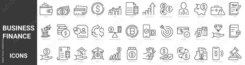 set of 36 line web icons business and finance, money, bank, check, law, exchance, payment, wallet, deposit, piggy, calculator. Vector illustration.