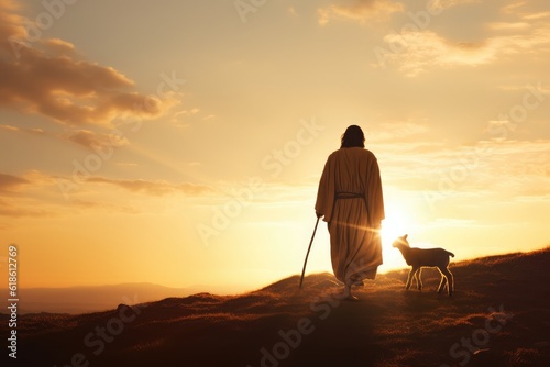 Photo Jesus Christ Walking with Lamb at Sunset, The Gospel of John, I am the good shep
