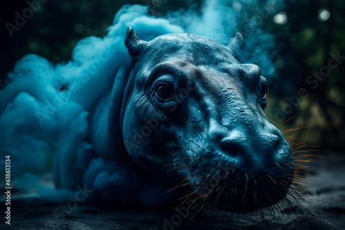 Blue hippo indoors. Generative AI