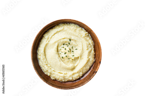 Fotografia Mashed potatoes, boiled puree in a wooden plate