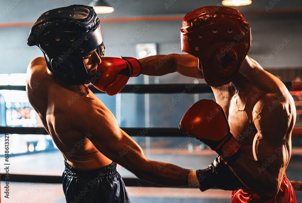 Two athletic and muscular body boxers with safety helmet or boxing head