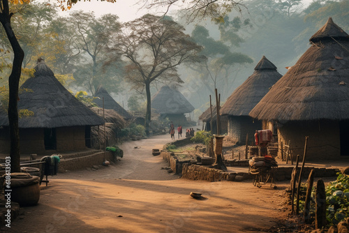 A traditional Indian village with thatched roof houses, Indian culture, Indian Generative AI