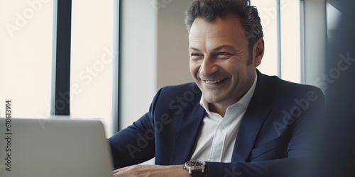 Smiling happy middle-aged BIPOC businessman executive CEO in a business suit using a computer to work with a client in an office setting -room for copy text, generative AI 