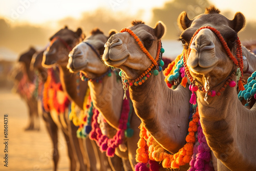 A row of beautifully adorned camels during a desert festival, Indian culture, Indian Generative AI