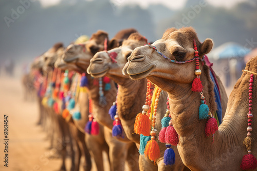A row of beautifully adorned camels during a desert festival, Indian culture, Indian Generative AI
