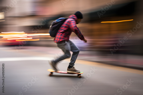 Artistic motion blur shot of a skateboarder gliding through an urban landscape, capturing the dynamic motion and street culture. Generative AI