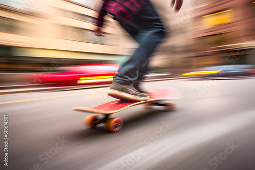 Artistic motion blur shot of a skateboarder gliding through an urban landscape, capturing the dynamic motion and street culture. Generative AI