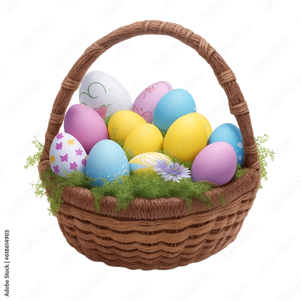 easter eggs in basket on Transparent background (PNG)